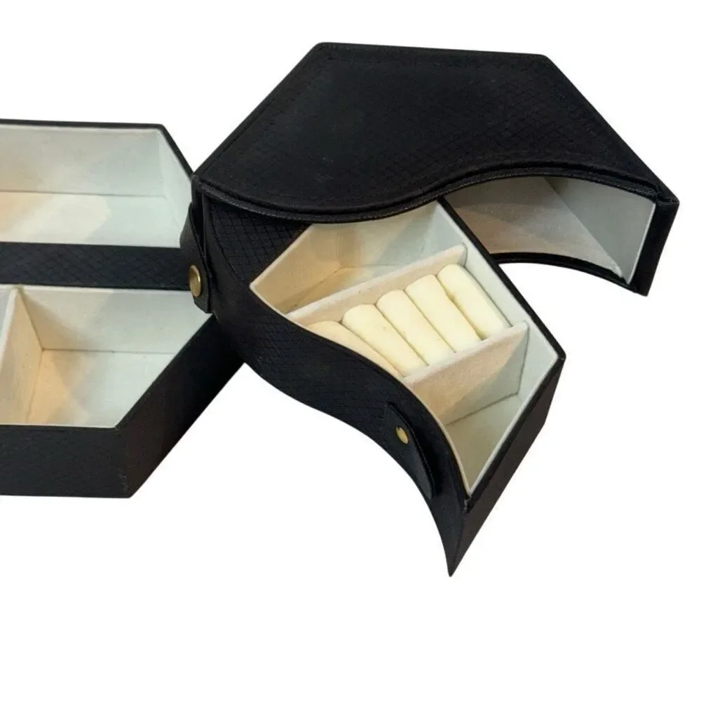 Hexagon Jewelry Box Swivel Compact Slide Outs Multi Compartment in Black